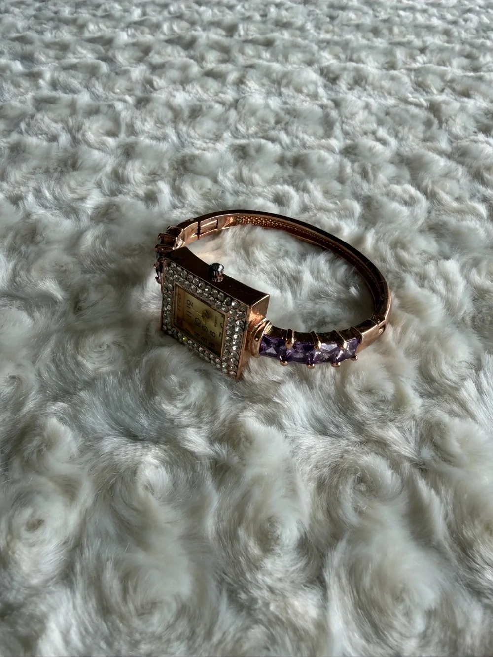 Rose Gold Bracelet Watch with Purple Gem Accents
